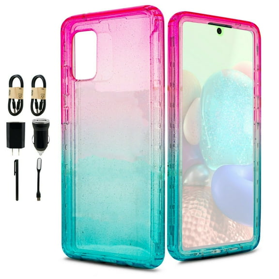 Value Pack ! for Samsung Galaxy A71 5G (NOT FOR A71) Glitter Bling Full Body Built In Screen Protector Phone Case PU Shock Bumper Scratch Guard Skin Wrap Slim Cover