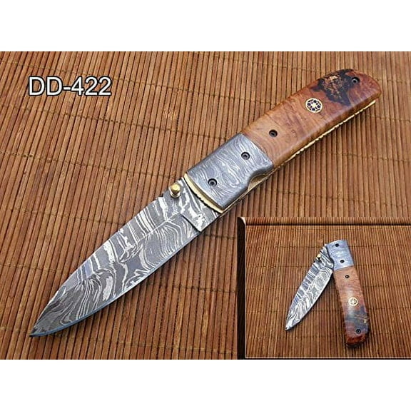 Round shape Hand forged Damascus steel folding knife, Natural wood scale with Damascus bolster, 7.75" Long with 4" folded, Equipped with Brass liner lock & thumb knob, Cow Leather sheath