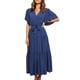 thumbnail image 1 of Vestido maxi de mujer de verano de manga corta casual vintage vestido cruzado con cuello en V profundo y cintura con lazo vestido formal azul oscuro L, 1 of 6