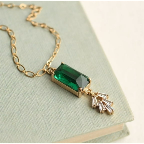Art Deco Emerald Necklace,Baguette Rectangle Green CZ Diamond Drop Necklace