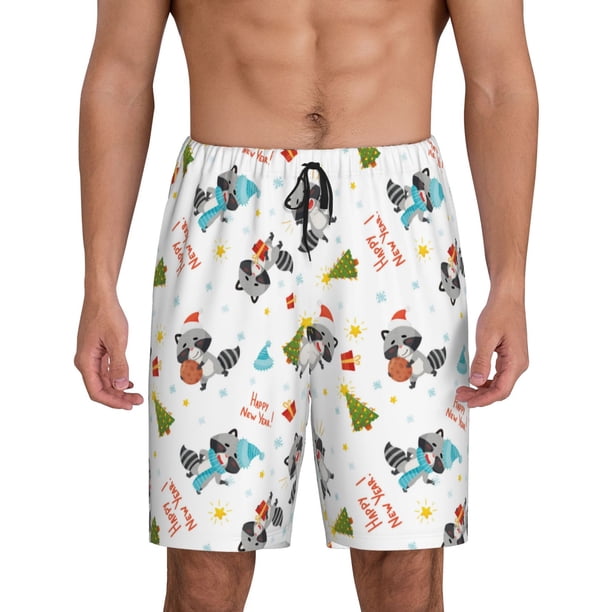 Fotbe happy new year Raccoon Pantalones Cortos de Pijama para Hombre, Ropa de Dormir, Pantalones de Pijama Cortos para Hombre-XX-Large