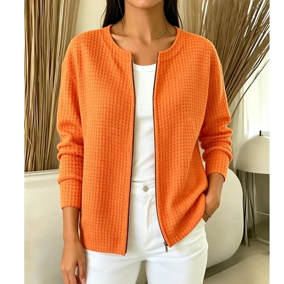 IUYRTFE Women's Waffle Knit Zip Up Cardigan Round Neck Long Sleeve Casual Jacket with Full Zipper Orange