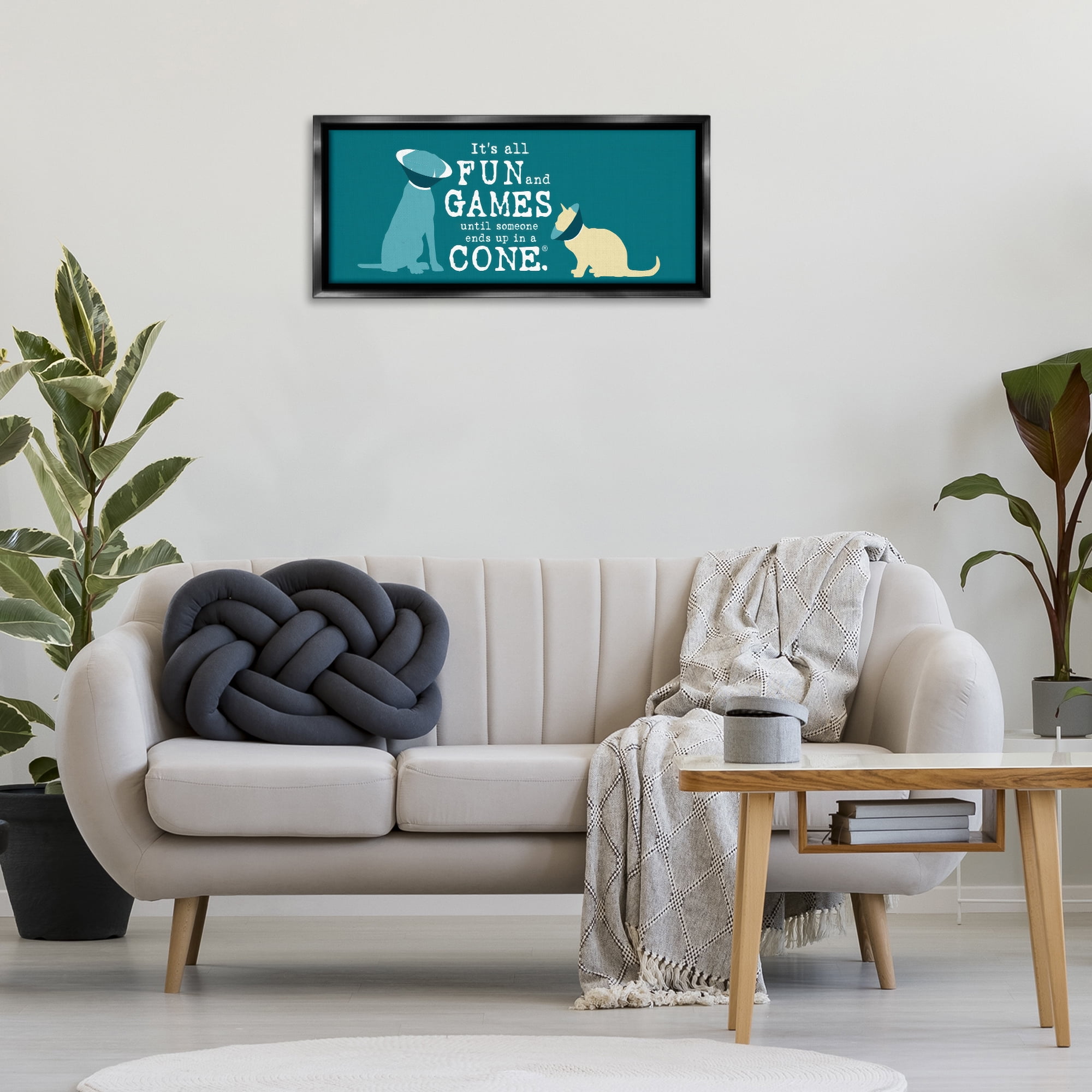 Stupell Industries Funny Cat & Dog Cone Animals Painting Black Floater Framed Canvas Art Print Wall Art, 31 x 14