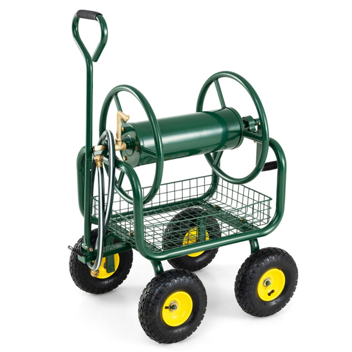 ZHICHUN  Green Heavy Duty Garden Hose Reel Cart With 10 Inch Pneumatic Wheels Large Capacity Hose Winder With Storage Basket And Brass Fittings For Outdoor Lawn Yard Watering
