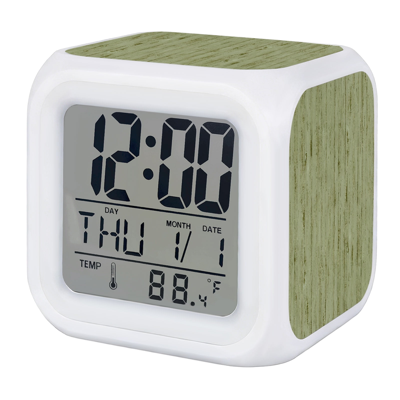 Alarm Clocks Sage Green Wood Grain Digital Clock 7 Color LED Night Light Silent Non-Ticking Battery Operated Retro Wooden Plank Cube Clocks for Bedroom Bedside Living Room Office School Decor