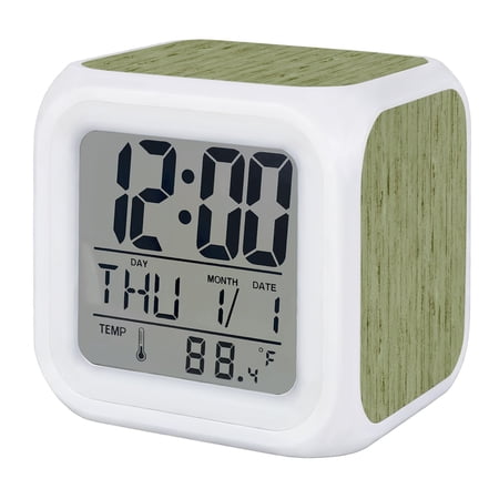 Alarm Clocks Sage Green Wood Grain Digital Clock 7 Color LED Night Light Silent Non-Ticking Battery Operated Retro Wooden Plank Cube Clocks for Bedroom Bedside Living Room Office School Decor
