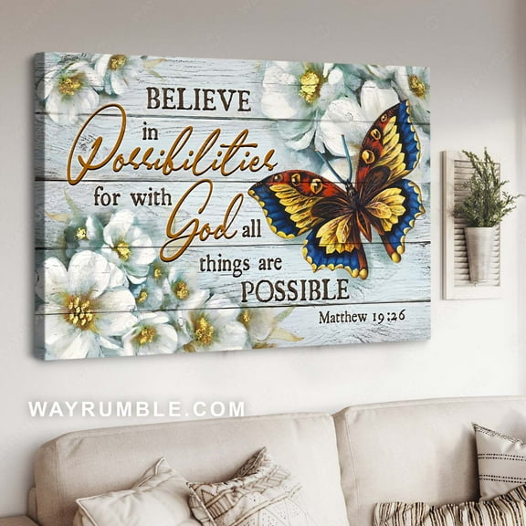 Watercolor butterfly, White flower, Inpirational art, With God all things are possible - Jesus Landscape poster Prints, Home Decor Wall Art, UNFRAMED-8x12