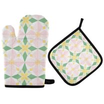 Yayeee Oven Mitts and Pot Holder Set of 2 Heat Resistant Kitchen Gloves Baking Hot Pad, Retro Yellow Stars