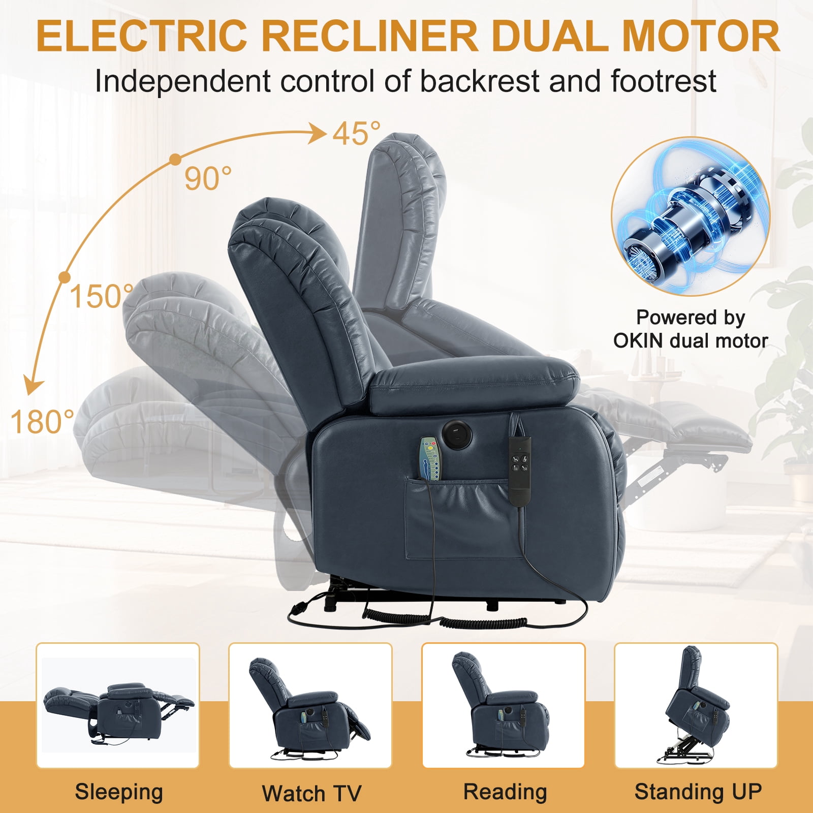 INGALIK Power Lift Recliner Chair Dual Motor, Infinite Position Lay Flat Recliners for Adult & Elderly with Heat & Massage, Large, Type-C Charge, Lumbar Pillow for Living Room, Leather (Blue)