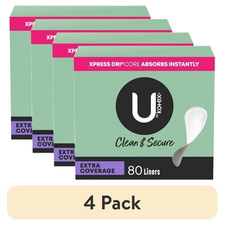 (4 pack) U by Kotex Clean & Secure Panty Liners, Light Absorbency, Extra Coverage, 80 Count