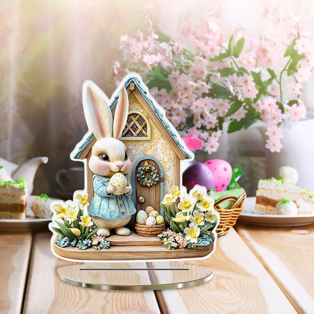 Decoración acrílica de escritorio con forma de conejito de Pascua | Adorno hueco para centro de mesa festivo | Decoración de Pascua para el hogar, la oficina y la estantería