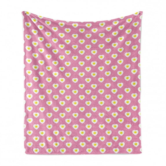 Romantic Soft Flannel Fleece Blanket, Morning Along Sunny Side up Eggs Inside Hearts Breakfast Time Details, Cozy Plush for Indoor and Outdoor Use, 50" x 60", Pink Mustard and White, by Ambesonne