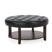 Baynes Contemporary Faux Leather Tufted Wood Round Ottoman with Open Shelf, Midnight Black and Espresso