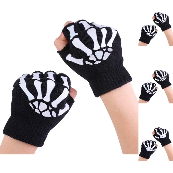 GPOECD Winter Gloves Kids Mitten Skeleton Warm Fingerless Dark Knitted Glow In Dark 1 Pair