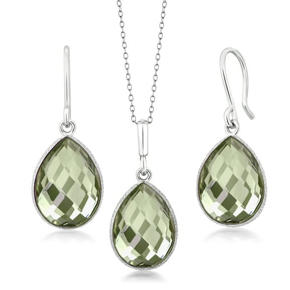 Gem Stone King 925 Silver 19.50 Ct Prasiolite 16x12mm Pear Shape Pendant and Earrings Jewelry Set 18-inch Chain