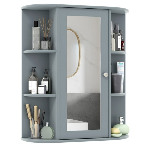 Gymax Bathroom Cabinet Wall Mount with Mirror and Adjustable Shelves, Grey