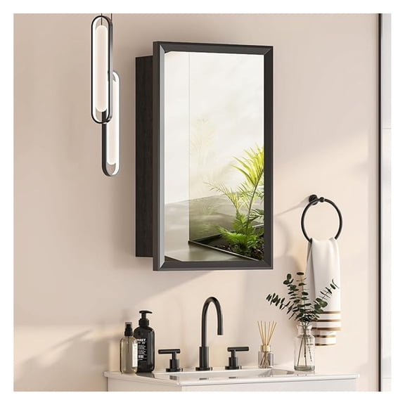 Black Bathroom Medicine Cabinet with Mirror,Beveled Aluminum Frame,16x27 Inch,Bathroom Mirror with Storage Wall Mounted,Medicine Cabinet Mirror,Assembly Required