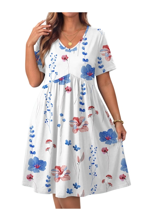Plus size Dresses For Women Floral Casual V Neck Short Sleeve Sundresses Midi Summer Dress with Pockets