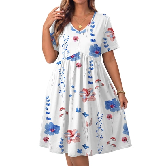 WellSize Plus size Dresses For Women Floral Casual V Neck Short Sleeve Sundresses Midi Summer Dress with Pockets