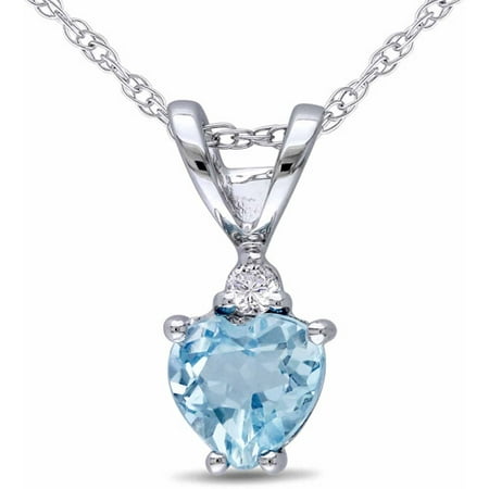 3/5 Carat T.G.W. Blue Topaz and Diamond Accent 10kt White Gold Heart Pendant, 17