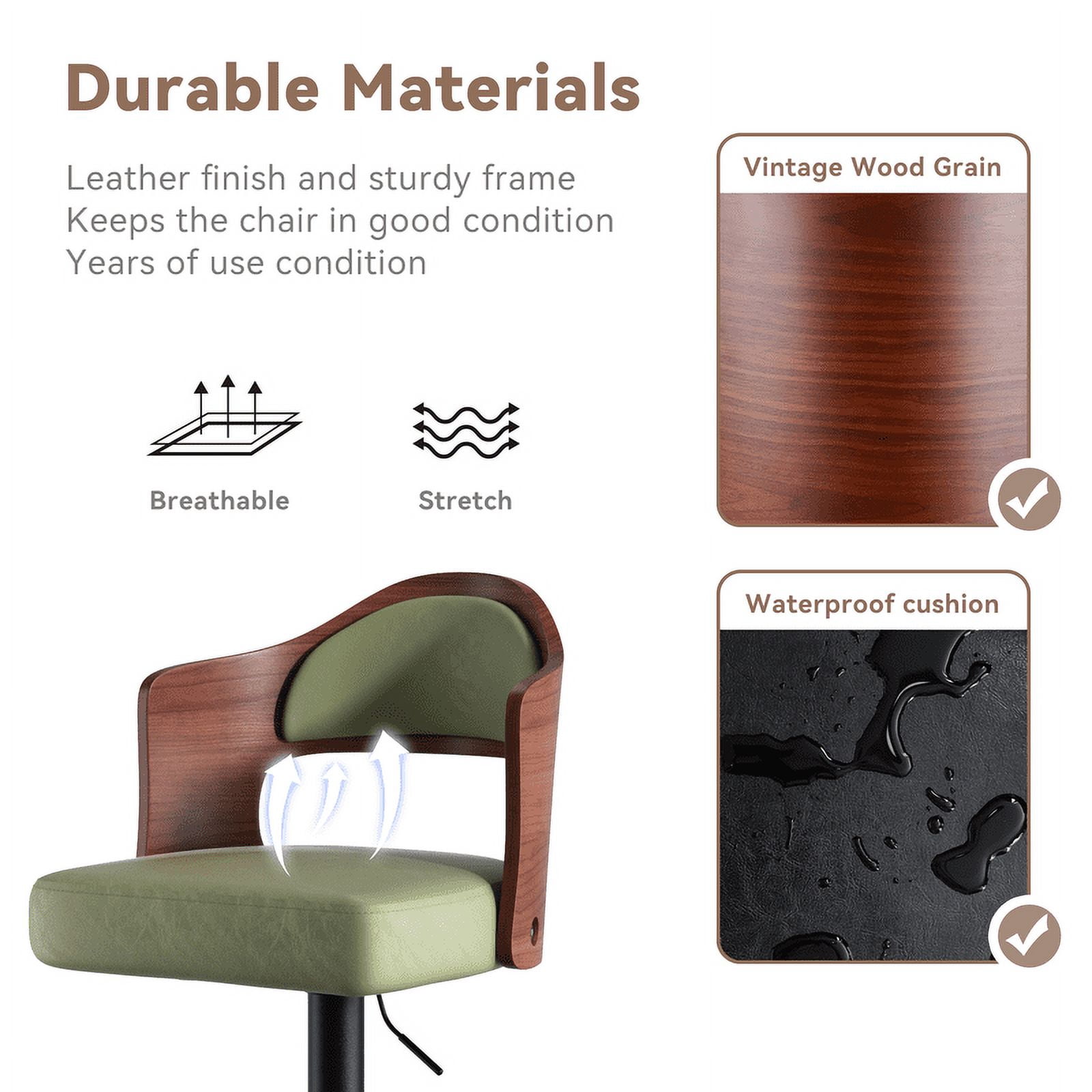 Hawsaiy Wooden Bar Stools Set of 2, Adjustable Height 24.5-33.5IN, Wooden Bar Chairs with PU Leather Upholstery, Back & Footrest for Kitchen, Dining, and Home Bar