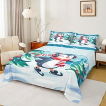 Manfei Cartoon Penguin Skating 3pcs Twin Sheet Sets for Kids Teens,Xmas Tree Twin Fitted Sheet,Merry Christmas Breathable Flat Sheet,Breathable Home Decor