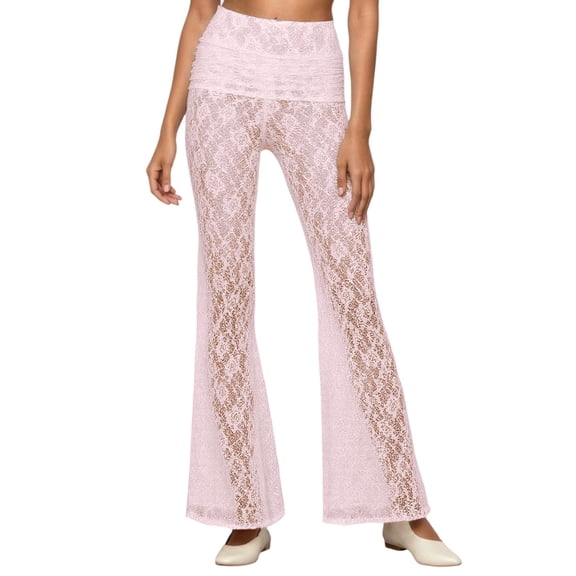 HNMKIU Womens Casual High Waist Loose Fit Straight Leg with Lace and Cut Out for Party and Daily Trousers for Women Light Pink_001,L