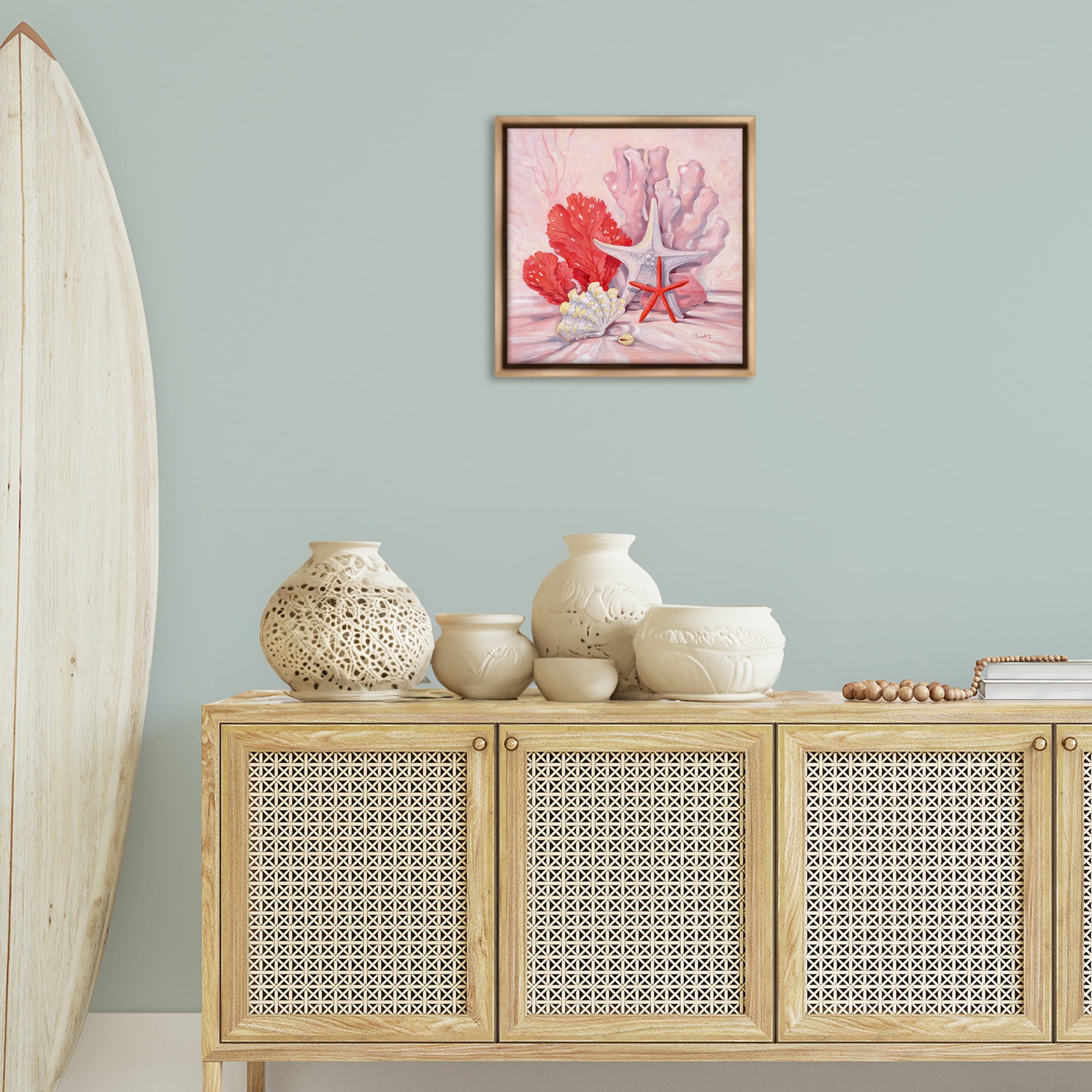 Stupell Industries Pink Gathered Sea Life Animals & Insects Painting Brown Floater Framed Canvas Art Print Wall Art, 18 x 18