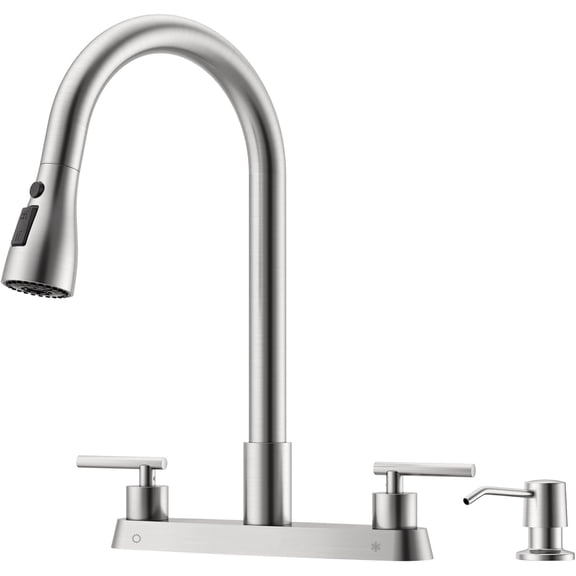 2 Handle Kitchen Faucet with Sprayer, 4-Hole Kitchen Faucet with Pull Down Sprayer and Soap Dispenser, High Arc Stainless for 3 & 4 Hole Outdoor Sink, Brushed Nickel