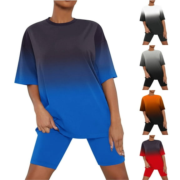 HVOBTTY Women's Short Sleeve and Short Pants Pajama Sets, Pajama Sets for Women, Women's Casual Gradient Print Crew Neck Short Sleeve Top and Shorts Homewear Pajama Sets Gray, XXL