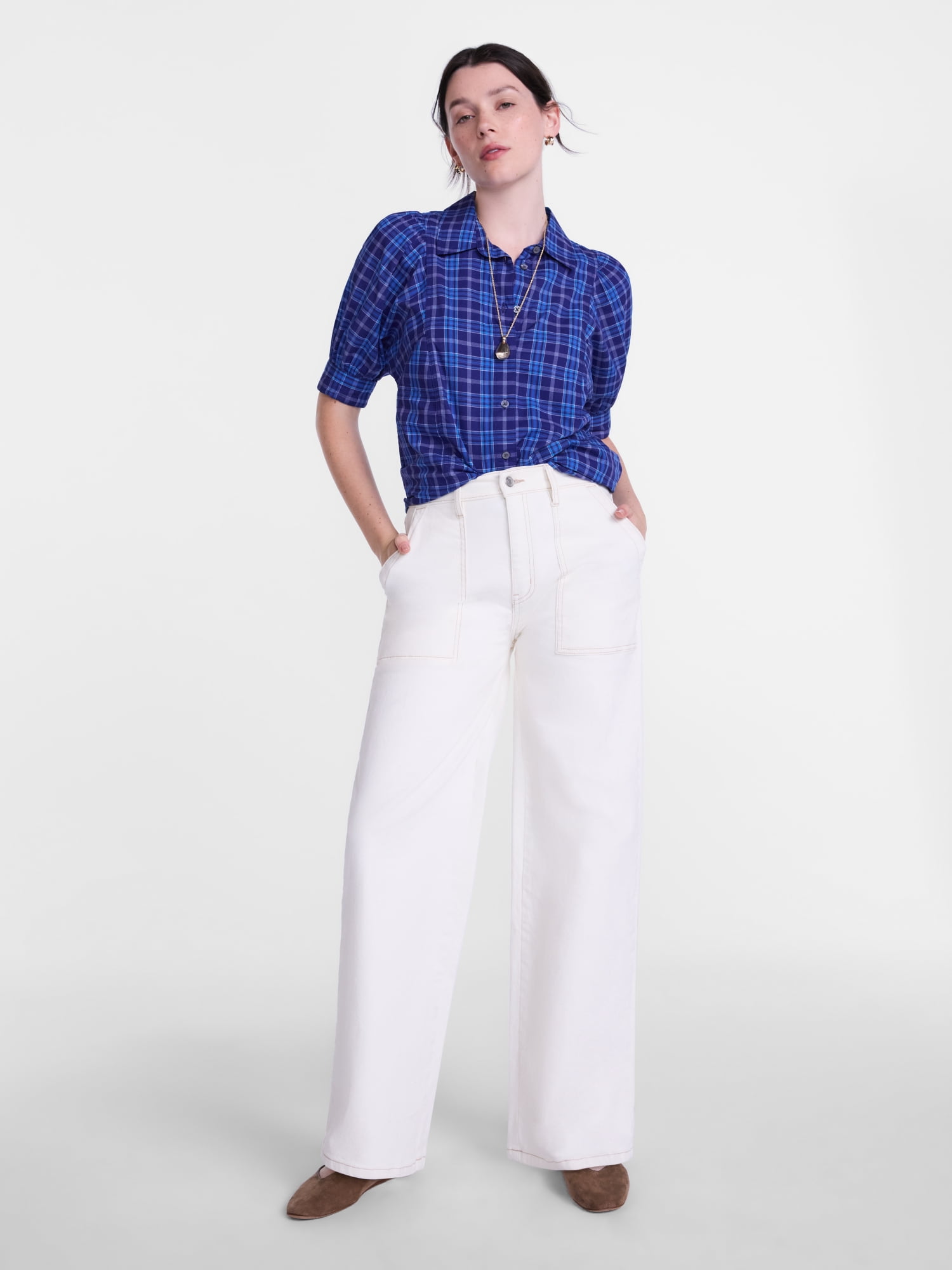 Scenario Women's Button Front Shirt with Puff Sleeves, Sizes XS-XXXL
