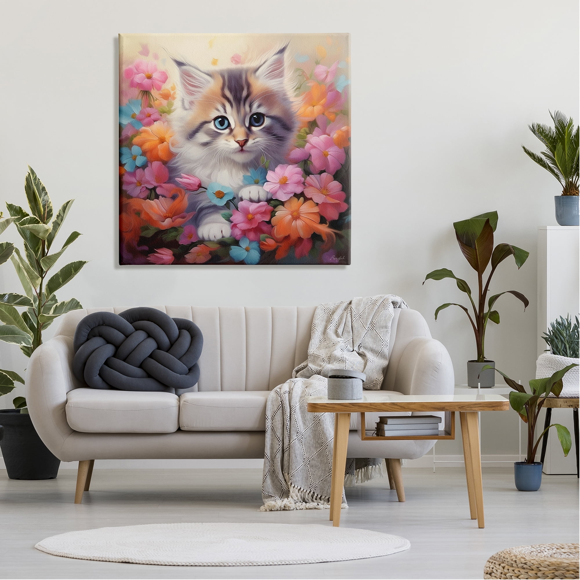 Stupell Industries Kitten in Flower Meadow Animals & Insects Painting Gallery Wrapped Canvas Art Print Wall Art, 36 x 36