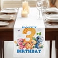 thumbnail image 3 of Happy 3rd Birthday Table Runner, Cartoon Cute Pink Yellow Blue Dinosaurs Floral Cotton Linen Table Runners 72 Inches Long, Dresser Scarf Runner for Dining/Coffee/Kitchen/TV Stands/Cabinets 13''x72'', 3 of 9