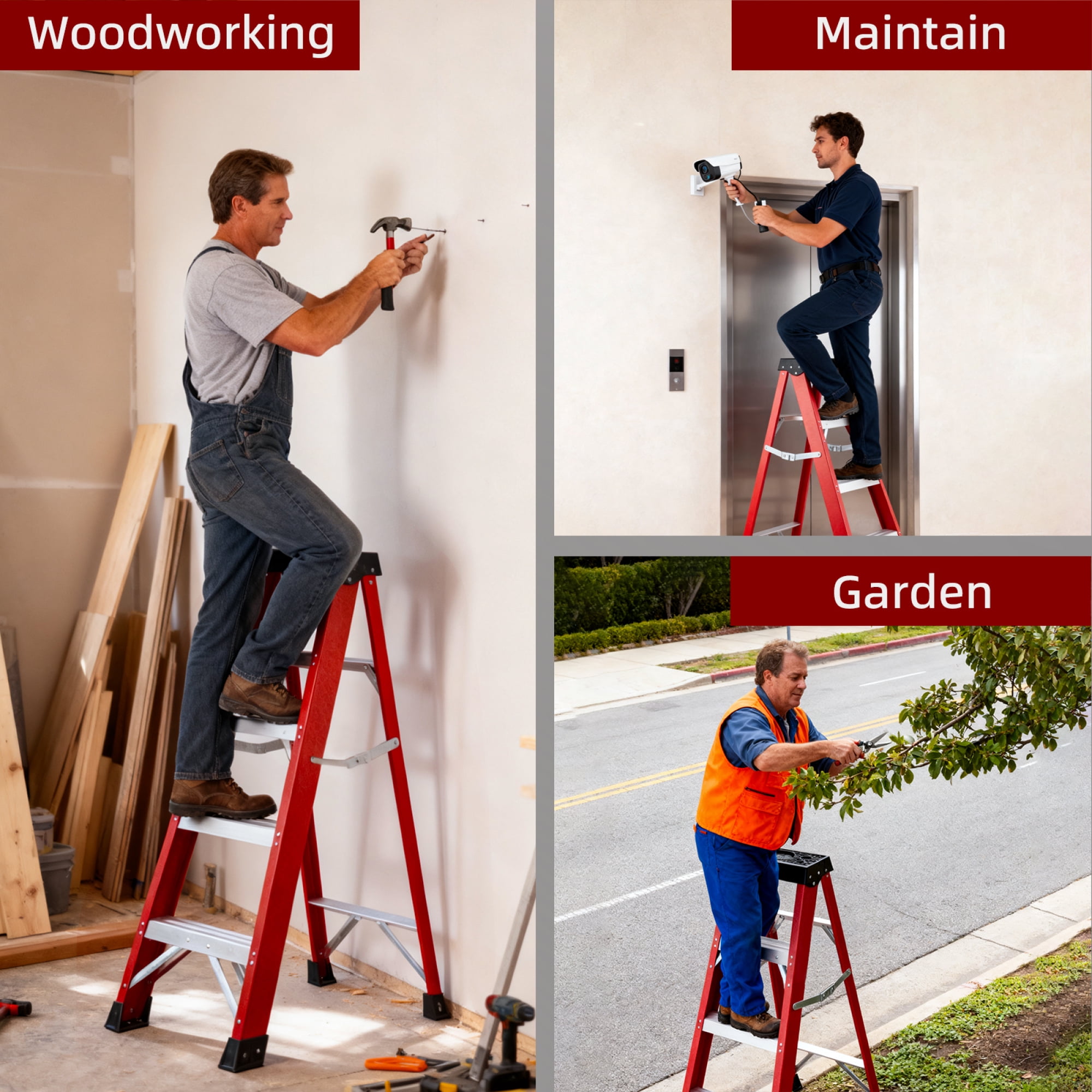 Leumius 3 Steps Fiberglass Ladder with a Load Capacity of 330 Pounds, Equipped with a Tool Tray for Electrical Engineering Ladder Structure Insulation Ladder Red