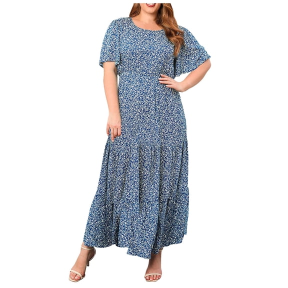 Zpanxa Plus Size Boho Maxi Dress Women Round Neck Short Sleeve Flowy Summer Dress Relaxed Fit Vacation Dress