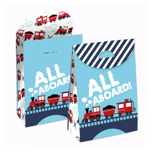 Big Dot of Happiness Railroad Party Crossing - Steam Train Birthday or Baby Shower Gift Favor Bags - Party Goodie Boxes - Set of 12
