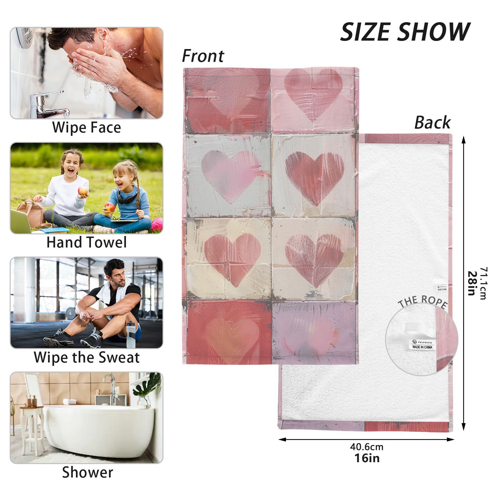 Pretty Pink Hearts Hand Towels Cotton Bath Towels Large Face Towels Absorbent for Bathroom 2 Packs