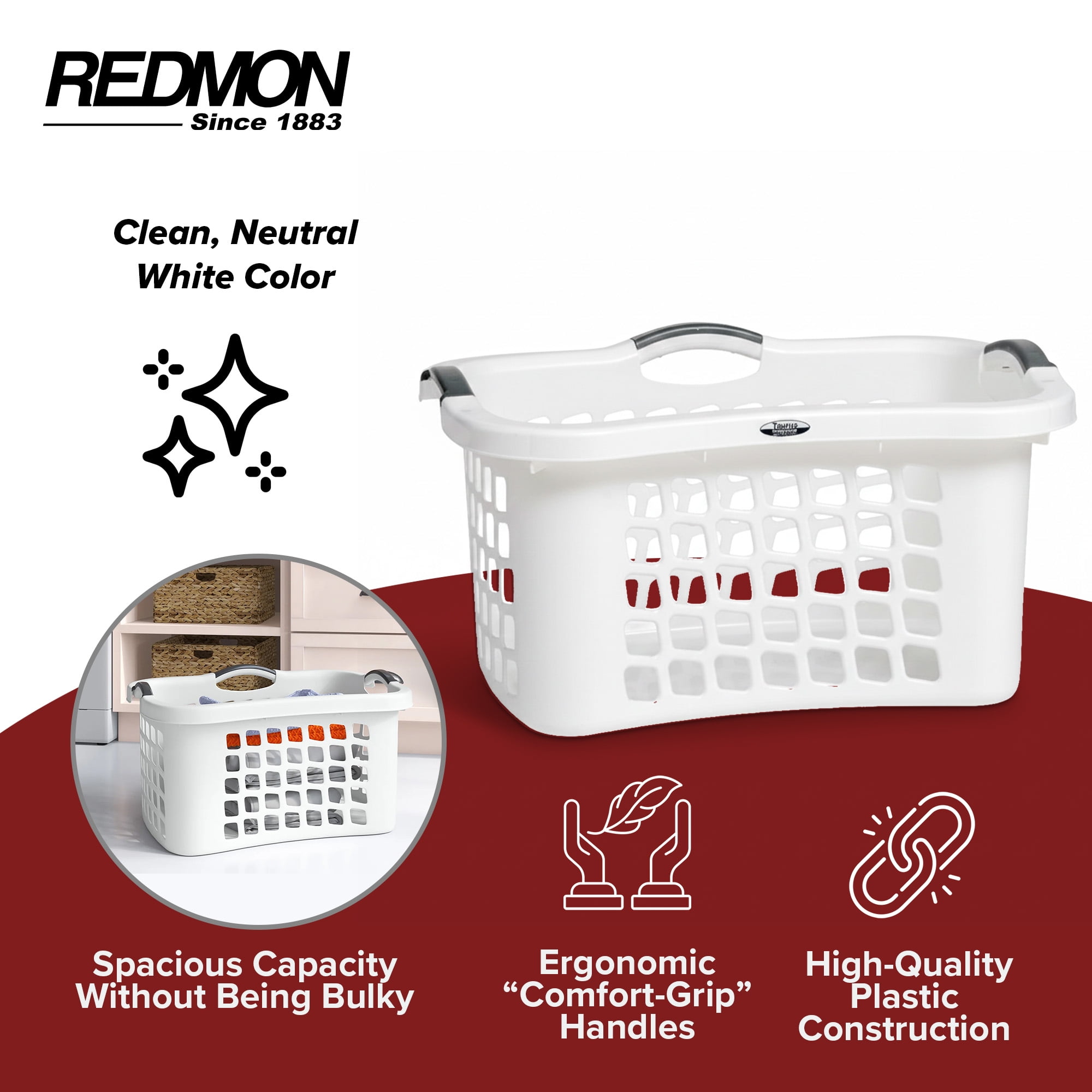 Redmon Comfort Grip Clothes Basket, Plastic Laundry Storage with 3 Side Handles, White