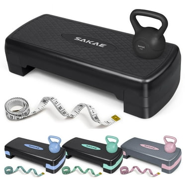 SAKAE Black Step Aerobics Platform Set with Kettlebell & Measuring Tape, Aerobic Steppers for Exercise at Home, Adjustable Height 2 Level Risers Workout Step Trainer with Non-Slip Surface