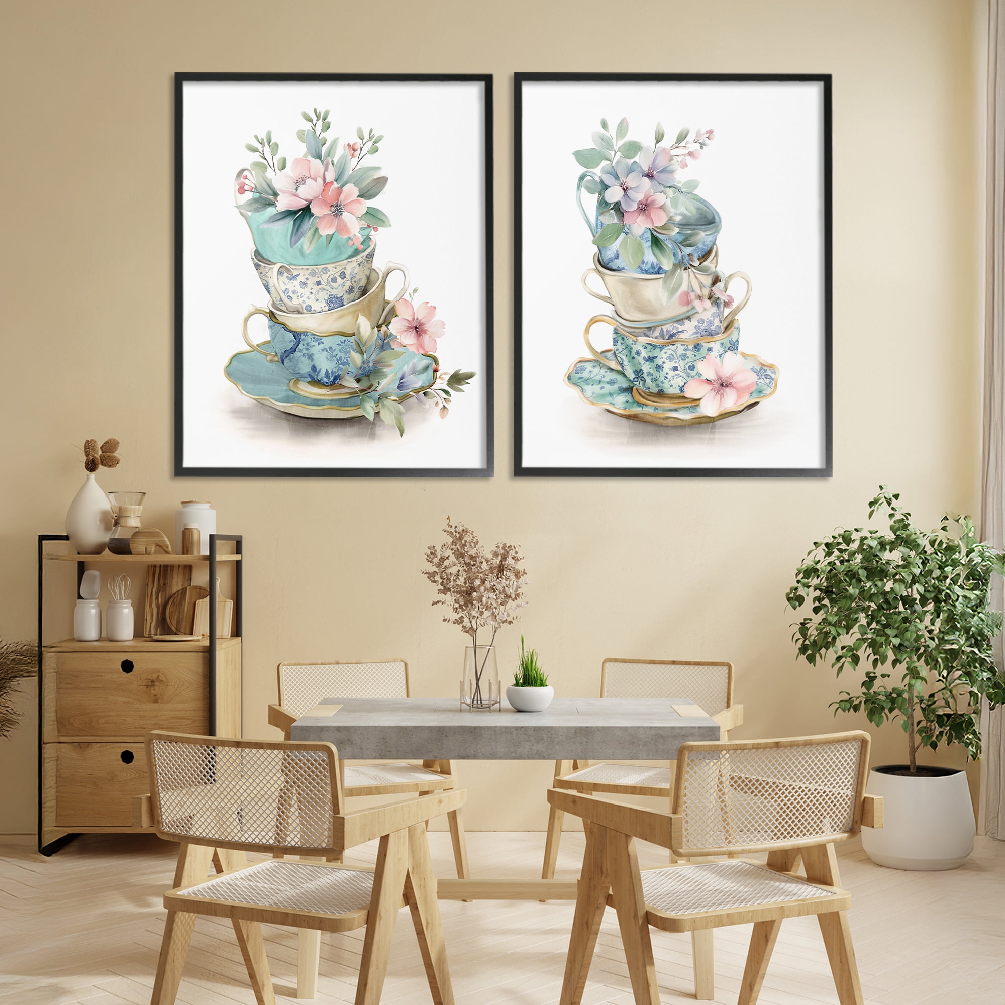 Stupell Industries Stacked Teacup Chinoiserie 2 Piece Black Framed Giclee Art Set, design by Kim Allen