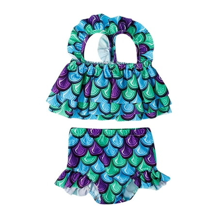 

Toddler Swimsuits Summer Girls Kids Bowknot Fashion Fish Purple Printed Lovely Ruffles 2PCS Sets Swimwear Beachwear Bikini Baby Clothing