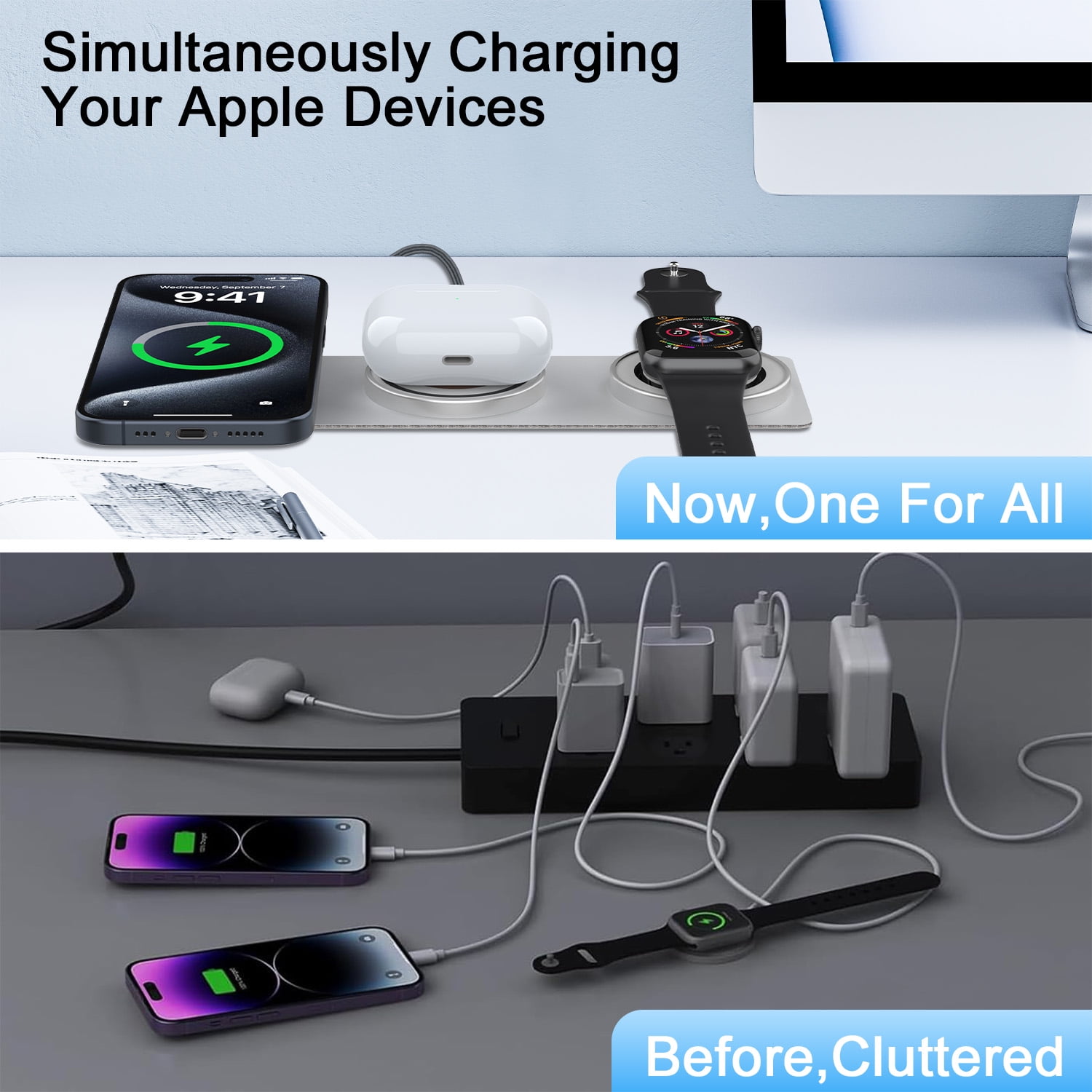15W Magnetic Wireless Charger Pad,3 in 1 Travel Folded iWatch Wireless Charging Station Mag-Safe Charger Stand AirPods 3 Charging Mat Fast Charging dock Compatible for iWatch AirPods iPhone 17 16 15