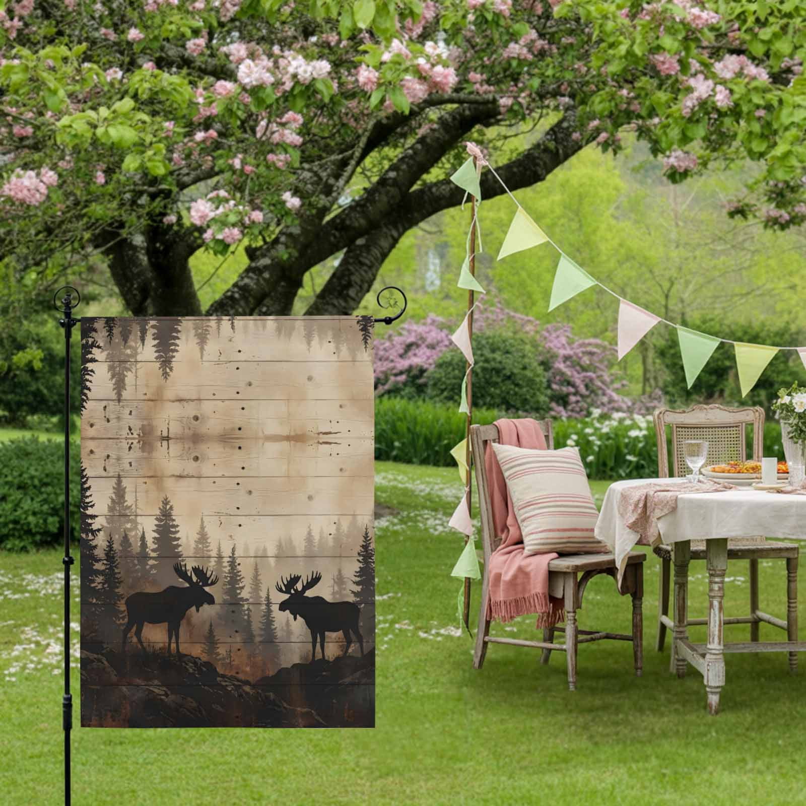 Nature Landscape House Flag 28 x 40 Inches, Rustic Moose Forest Pine Silhouettes Wildlife Weather Proof Outdoor Patio Flags Double Sided Small House Decoration for Yard Lawn Outside Home