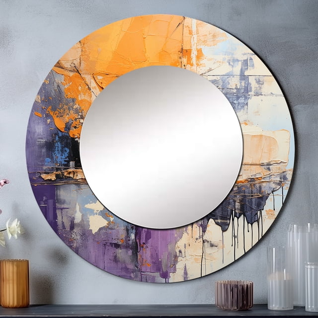 Designart "composition Impressions V" Abstract Collages Rund Mirror For Wall Decor - Large Yellow Round Printed Mirror - Modern Round Mirror 29" x 29" Inch