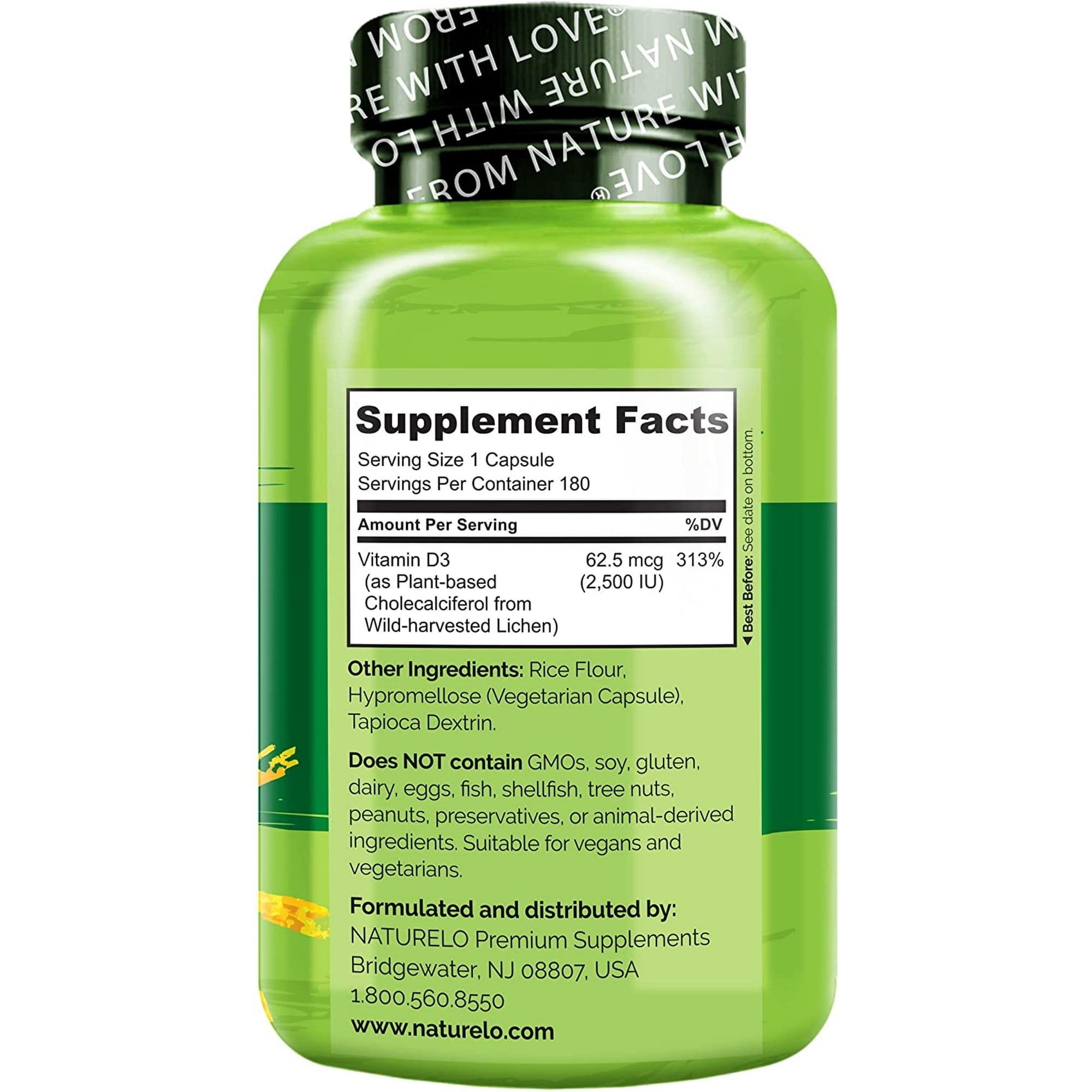 NATURELO Vitamin D - 2500 IU - Plant Based from Lichen - Natural D3 Supplement for Immune System, Bone Support, Joint Health - Vegan - Non-GMO - Gluten Free - 180 Capsules