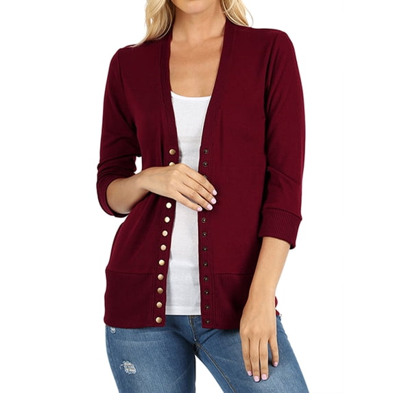 TheLovely Women & Plus Front V-Neck Classic Thin Snap Button Down 3/4 Sleeve Ribbed Knit Cardigan