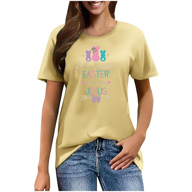 Mujeres Manga Corta de Verano Tops Pascua Impresa Cuello Redondo, Blusa de Moda Casual para la Primavera