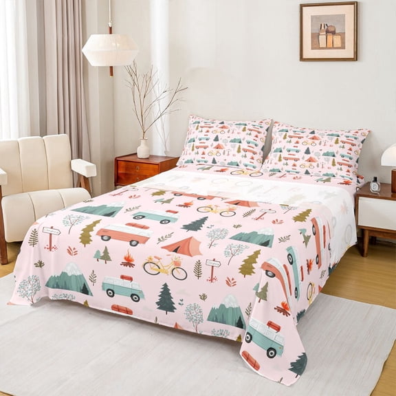 Erosebridal Pink Retro Camping Full Size Sheets, Mountain Tent Bed Sheets for Men and Women, 4pcs