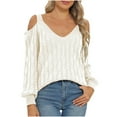 thumbnail image 2 of Amidoa Long Sleeve Sweaters for Women 2025 White V-Neck Off the Shoulder Cable Knit Cheeky Sweaters Women's Cardigans M, 2 of 3