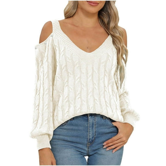 Annhoo V Neck Sweaters for Women Cold Shoulder Long Sleeve Cable Knitted Tops Fall Casual Going out Shirts
